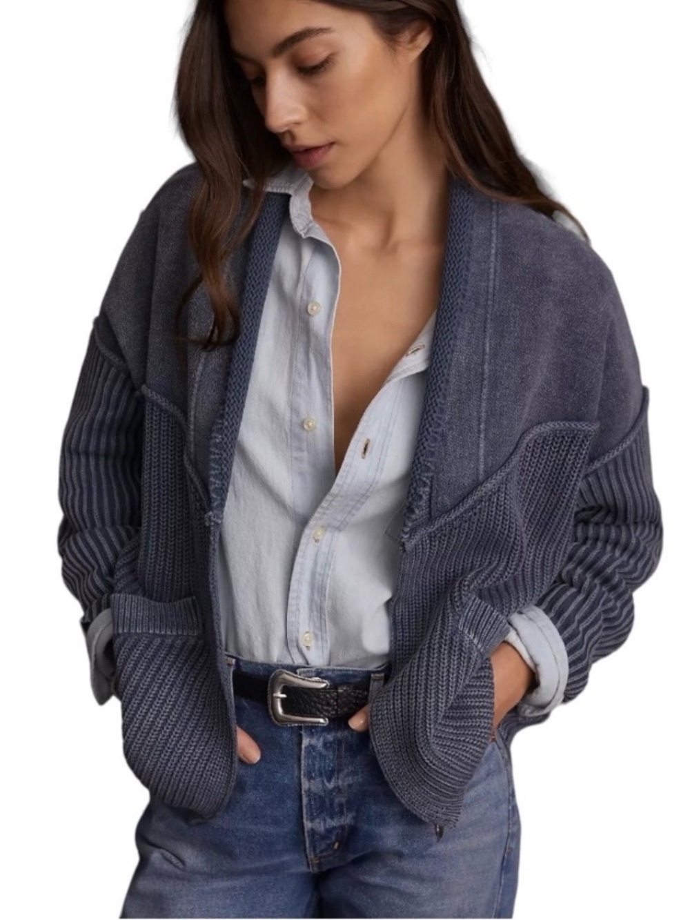 Anthropologie Pilcro Blue Acid Wash Open-Front Textured Cardigan Sweater